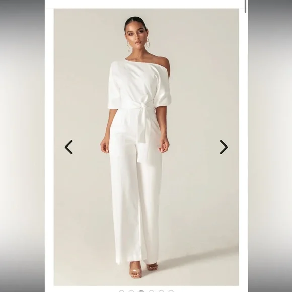 Ana Off-Shoulder Belted Jumpsuit in White - Picture 2 of 15